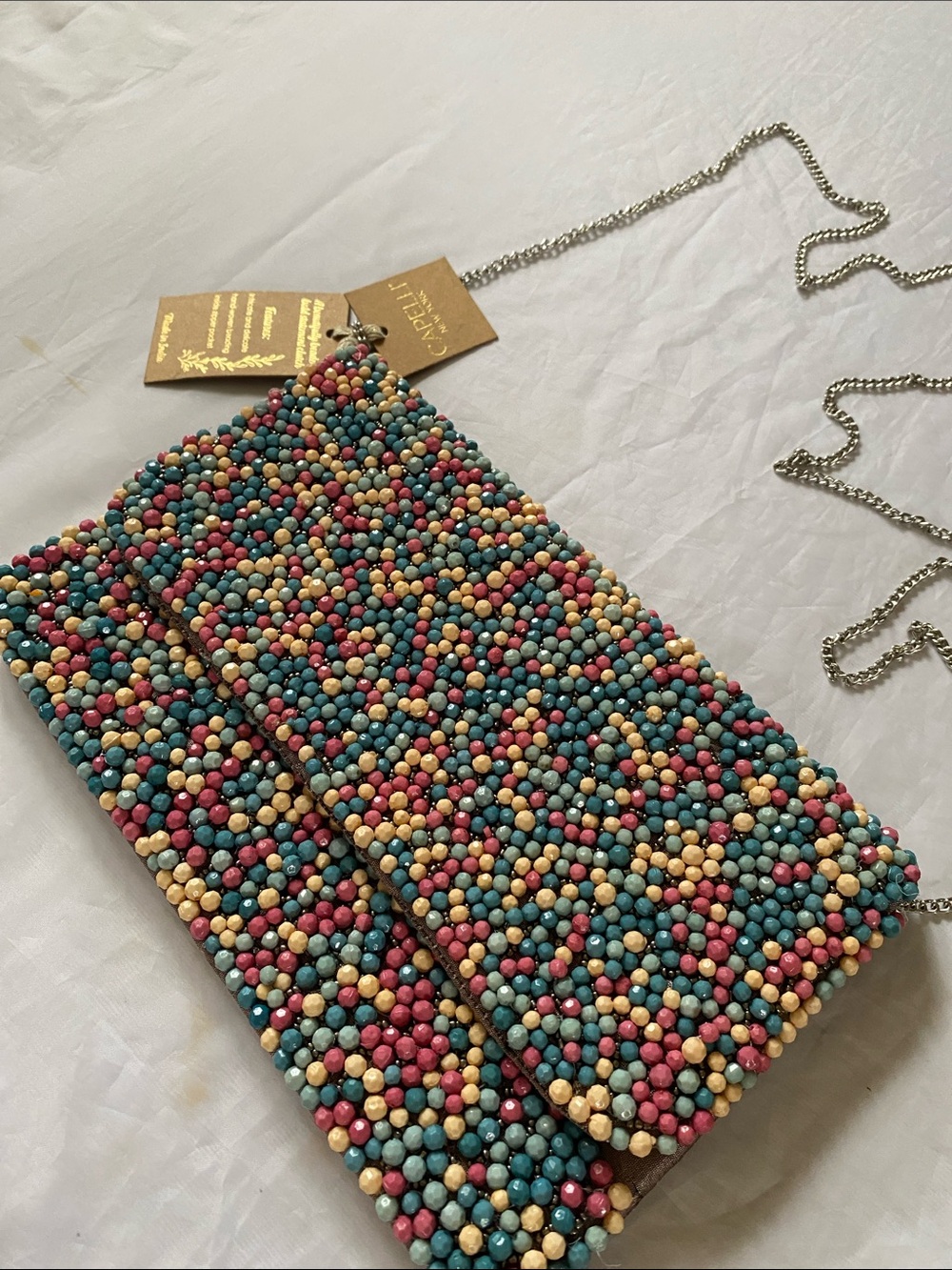 Capelli of New York Teal Pink Yellow Beaded Crossbody Clutch